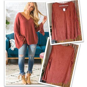 HANNAH Crochet Cutout Faux Suede Bell Sleeve Boho Tunic Top - NWT!